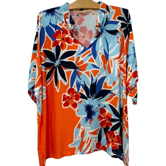 Soft Surroundings | Top Cabana Bay Tropical Shirt V Neck Short Sleeve Size Large - Picture 1 of 9